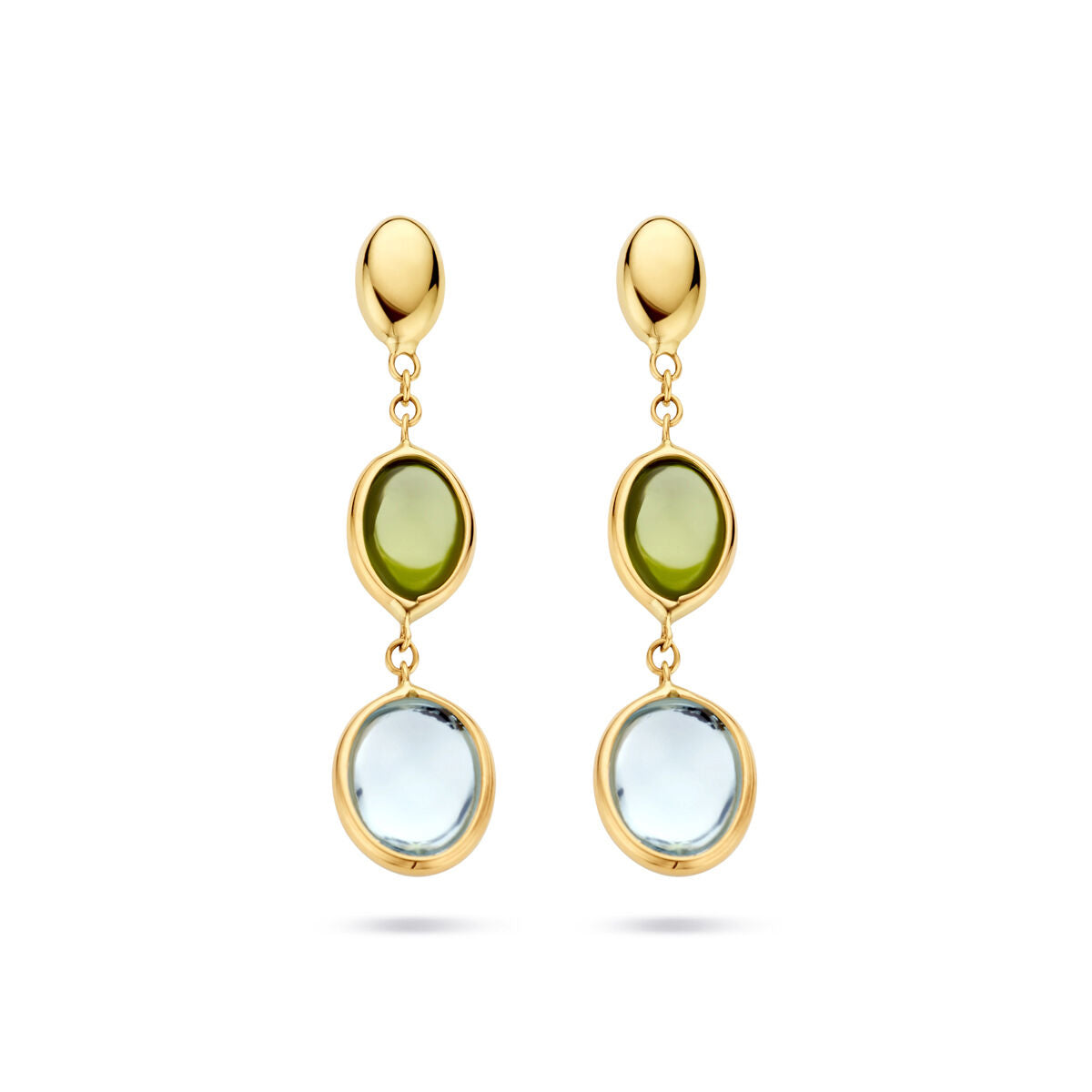 Boucles d'oreilles en or jaune 14K avec topaze bleue et péridot, design pendants.