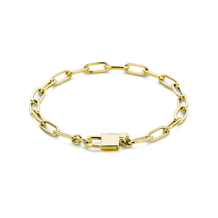 De Van der Kooij Collectie armband paperclip en slot 18 cm, 3 micron geel zilver verguld, heeft langwerpige schakel schakels en een rechthoekige padlock sluiting, afgebeeld op een witte achtergrond.