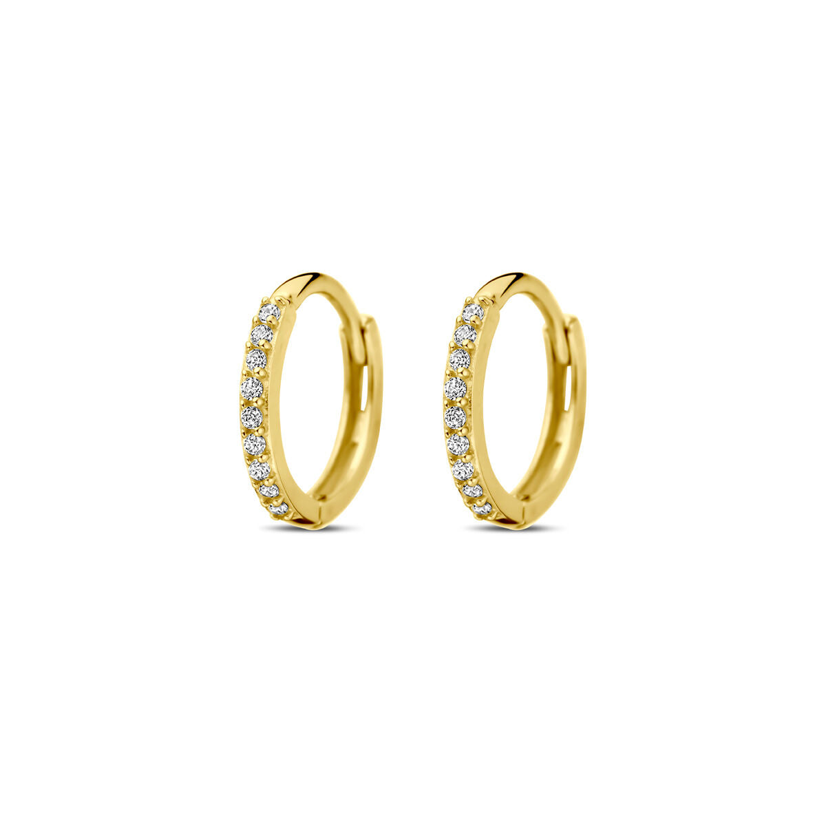 Boucles d'oreilles en or jaune 14K avec zircons, de 10 mm de diamètre.