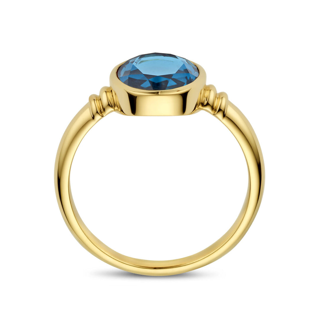 De Van der Kooij Collectie ring london blue topaas 14K geelgoud heeft een ronde, gefacetteerde London Blue topaas in een eenvoudige solitaire zetting, van de zijkant afgebeeld op een witte achtergrond.