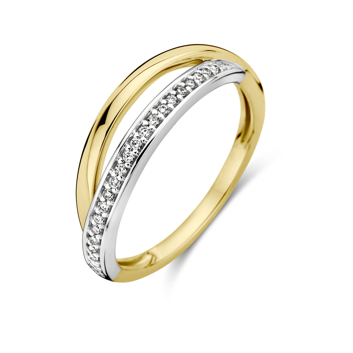 Bague en or bicolore jaune et blanc avec une rangée de diamants de 0,08 ct.