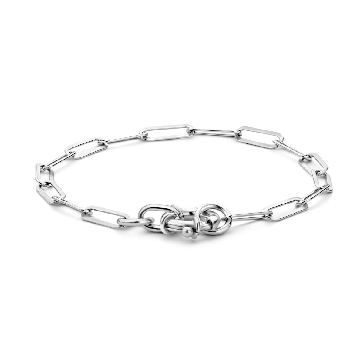 Bracelet en argent rhodié avec maillons en forme de paperclip et fermoir rond, longueur 17 cm.