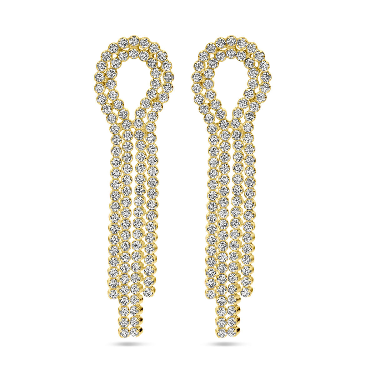 Boucles d'oreilles en argent doré à l'or jaune, ornées de zirconiums brillants, en forme de goutte allongée.