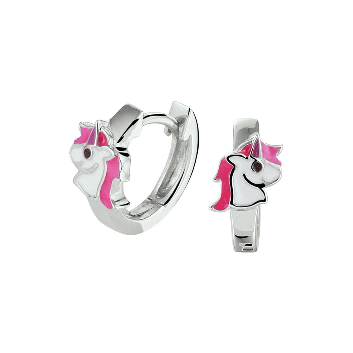 Zilveren klapoorringen met gerhodineerde afwerking en een kleurrijke eenhoorn met roze manen.