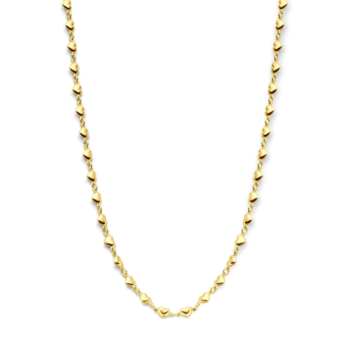 Collier van 3 micron zilver verguld met hartjes, lengte 41 + 4 cm, in een warme gele kleur.