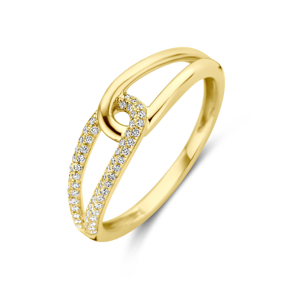 Bague en or jaune 14K ornée de diamants de 0,14 ct, design en forme de boucle.