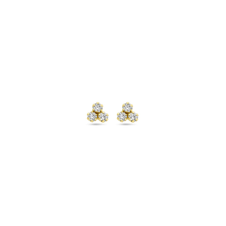 Paar 14K geelgouden oorknoppen van de Van der Kooij Collectie, elk voorzien van een ronde zirkonia van 4,5 mm, meestal tegen een effen witte achtergrond.
