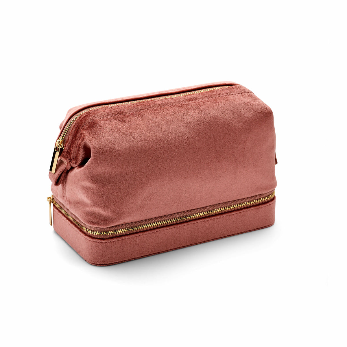 Boîte à bijoux rose en tissu avec fermeture éclair dorée, forme rectangulaire et design élégant.