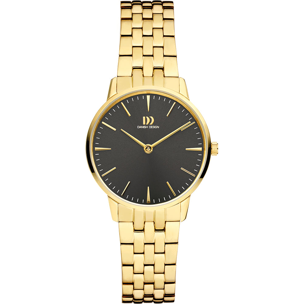 Montre pour femme avec un boîtier doré, bracelet en maillons et un cadran noir.