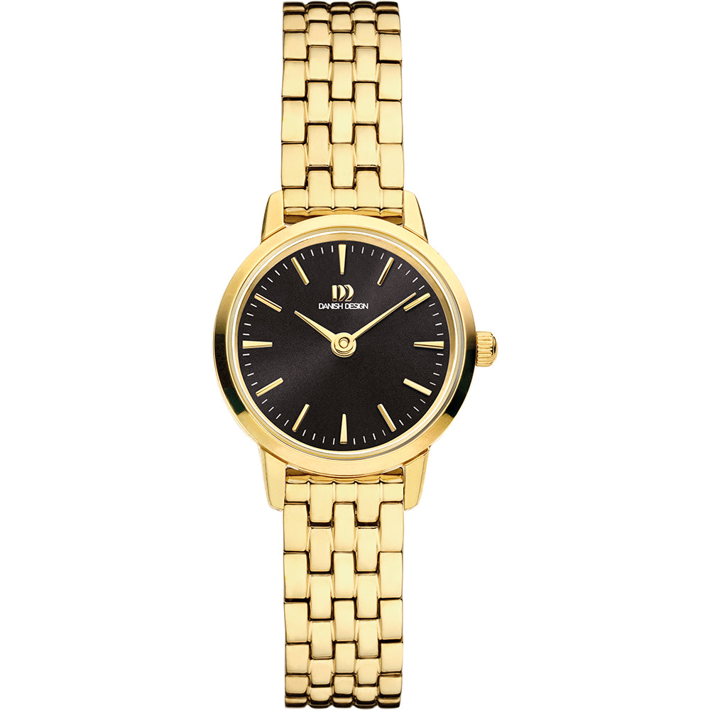 Montre femme avec cadran noir et bracelet doré en maillons.