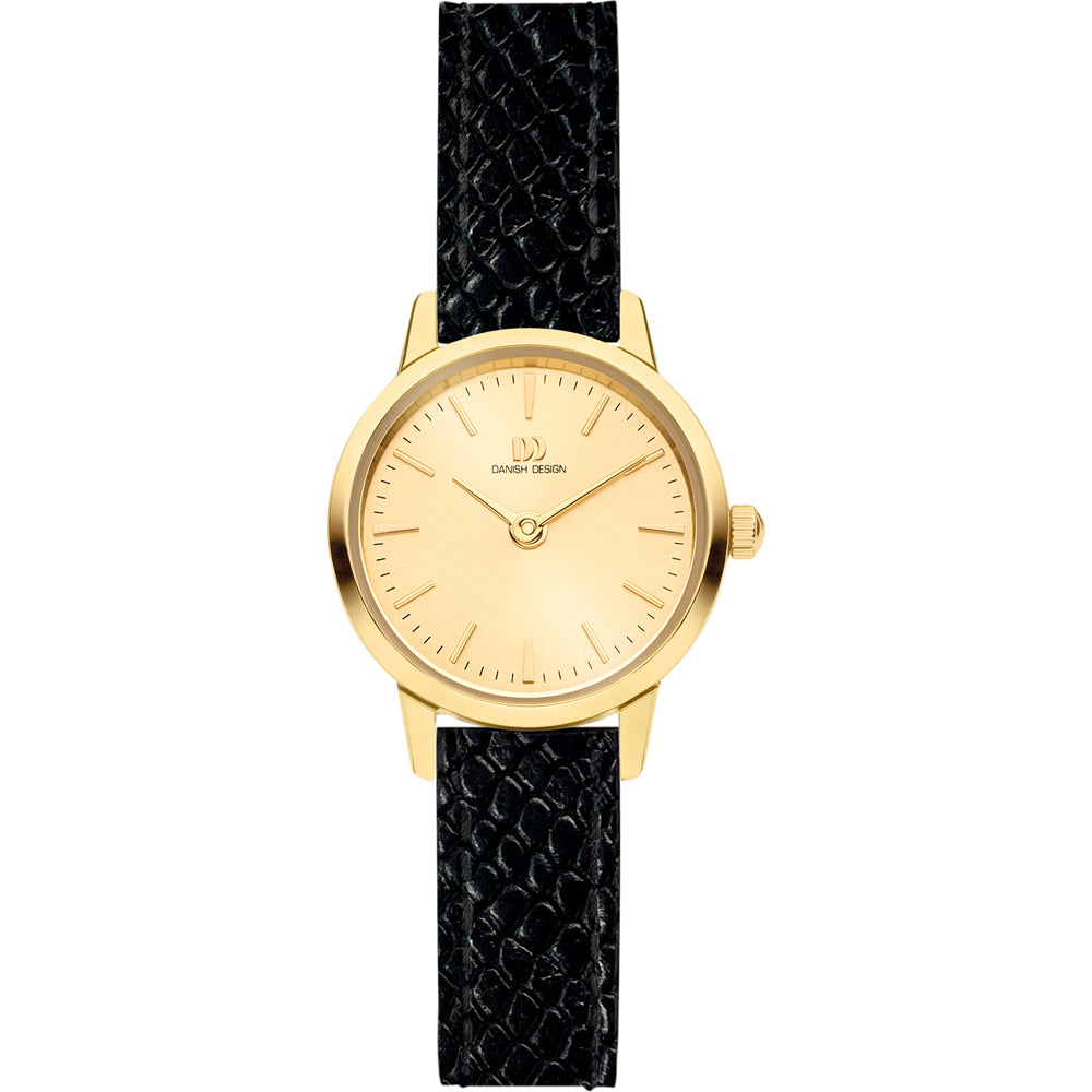 Montre dorée avec cadran beige et bracelet en cuir noir texturé.