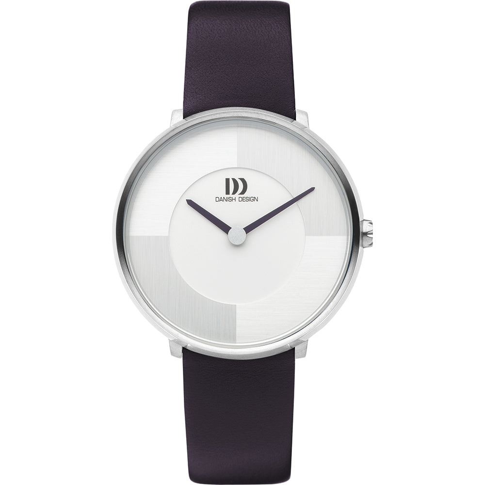 Montre avec un cadran blanc, boîtier argenté et bracelet en cuir violet.