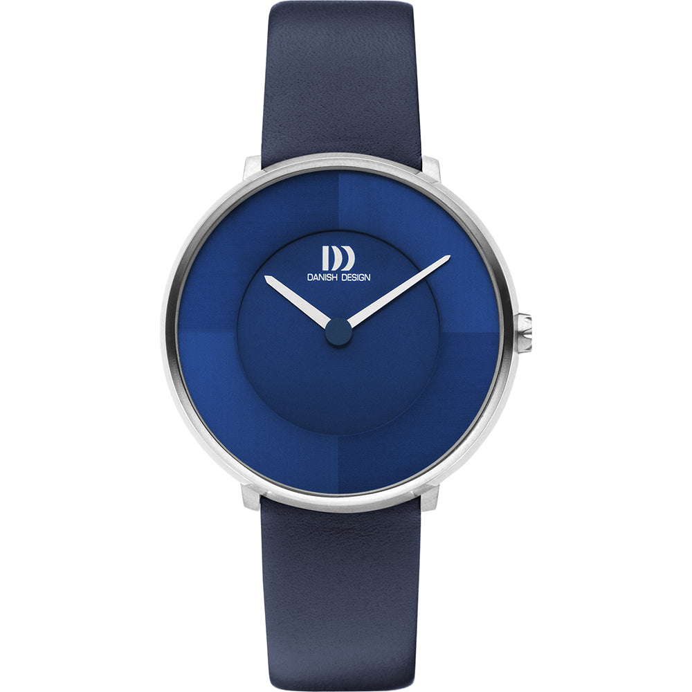 Montre avec un cadran bleu, boîtier argenté et bracelet en cuir bleu.