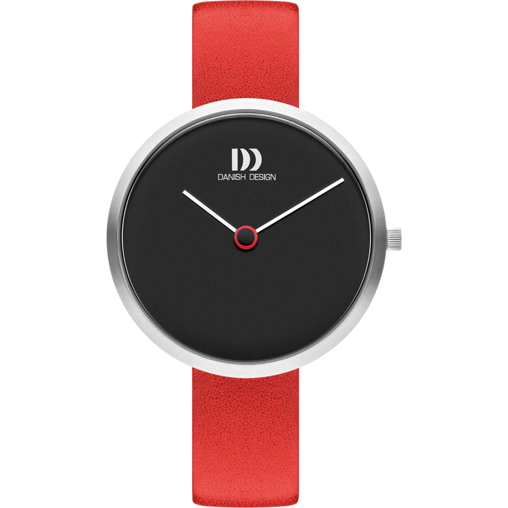 Montre avec un cadran noir, boîtier en acier inoxydable et bracelet en cuir rouge.