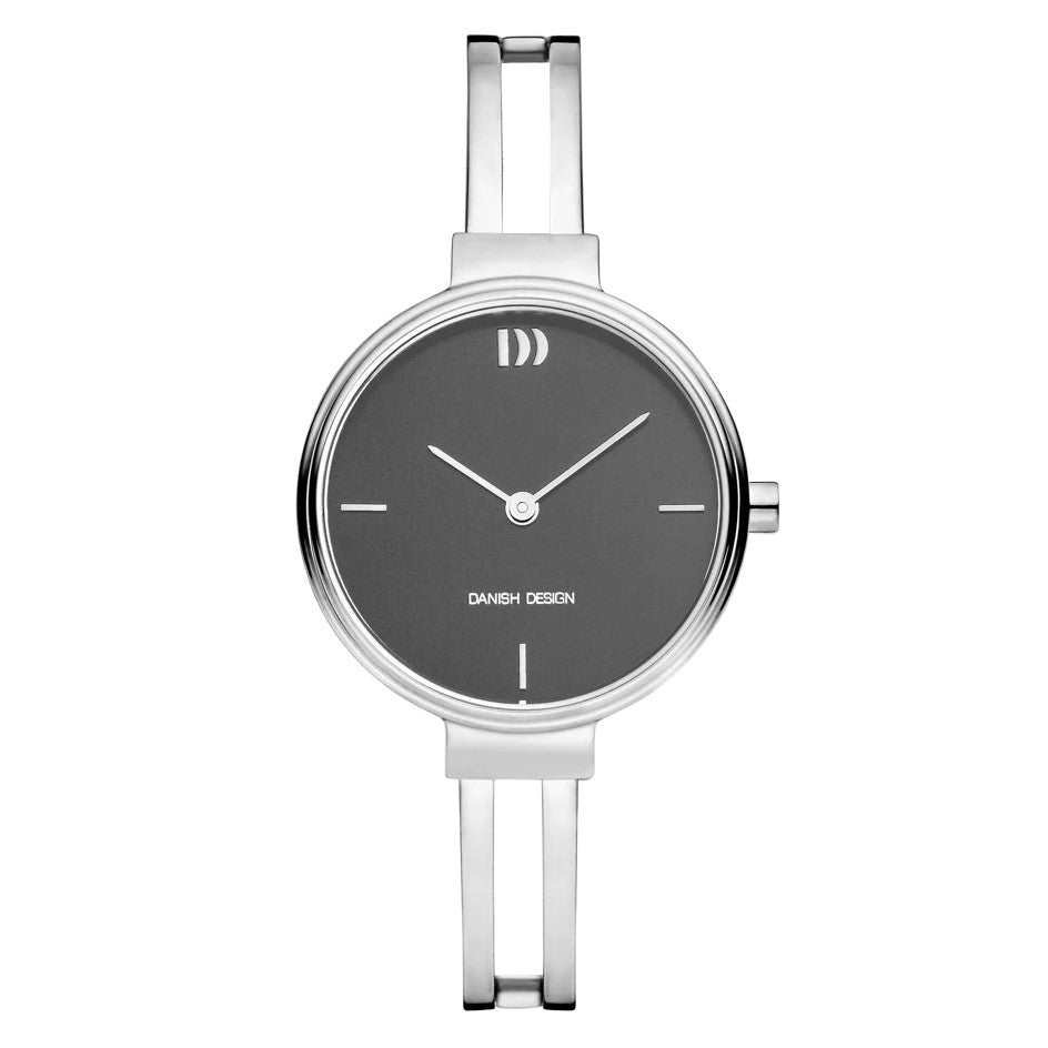 Montre argentée avec un cadran gris, boîtier rond et bracelet en métal.