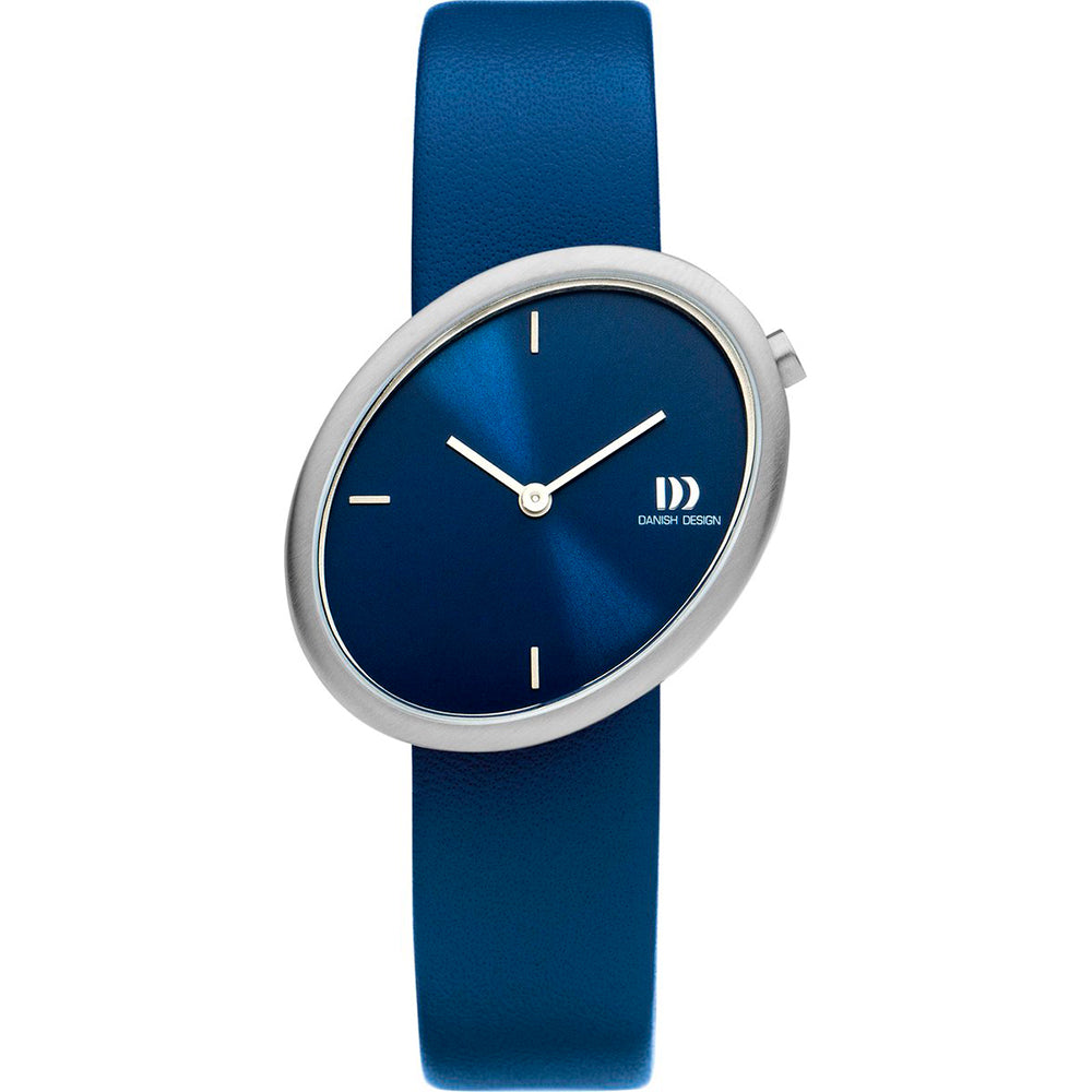 Montre ovale avec un cadran bleu et un bracelet en silicone bleu.