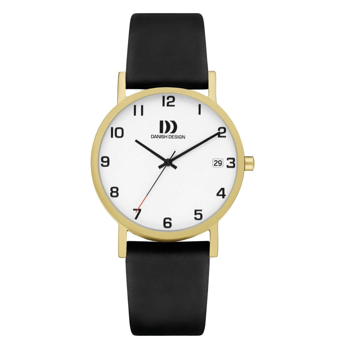Montre avec boîtier doré, cadran blanc et bracelet en cuir noir.