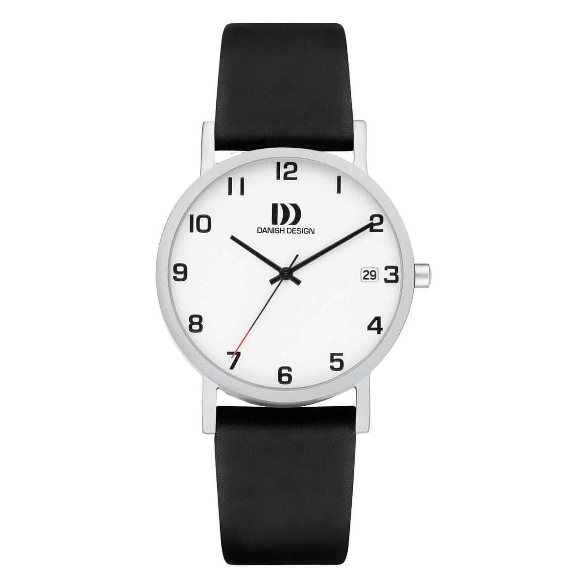 Montre avec un cadran blanc, boîtier argenté et bracelet en silicone noir.