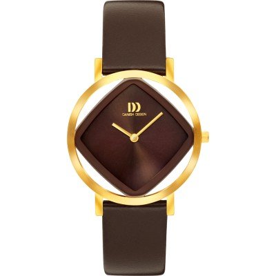 Montre avec boîtier doré, cadran en forme de losange marron et bracelet en cuir marron.