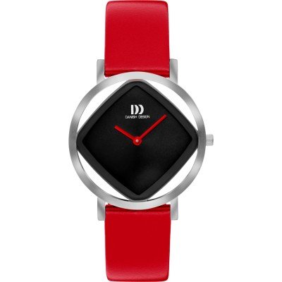 Montre à cadran noir en forme de losange, boîtier argenté et bracelet en cuir rouge.