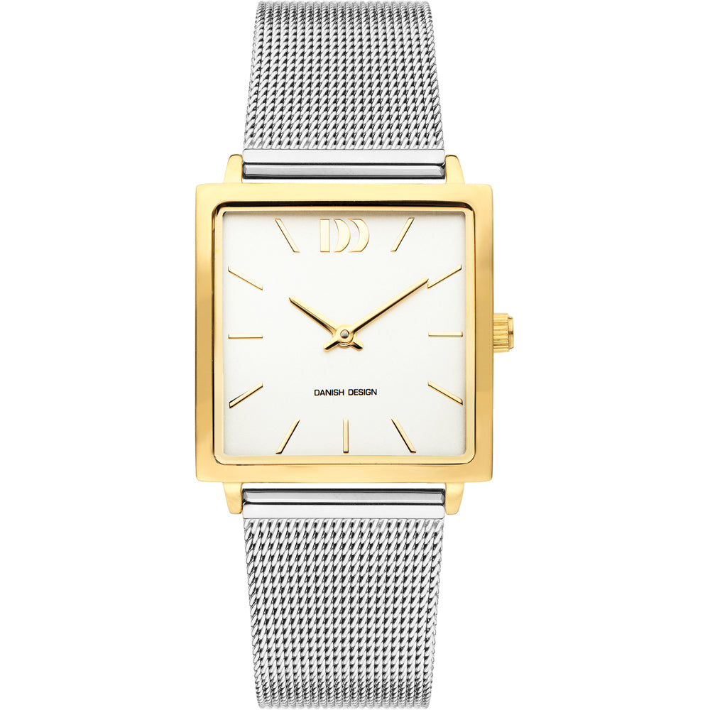 Montre carrée avec boîtier doré, cadran blanc et bracelet en acier inoxydable argenté.
