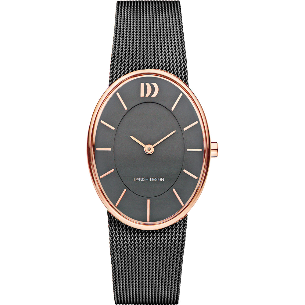 Montre pour femme avec cadran gris, boîtier ovale en rose doré et bracelet en maille métallique.