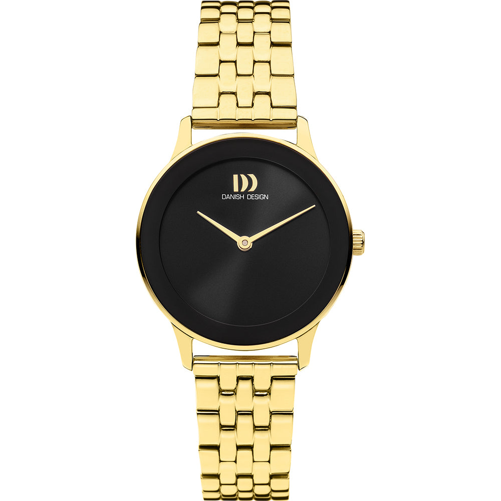 Montre femme avec cadran noir, boîtier doré et bracelet en maillons dorés.