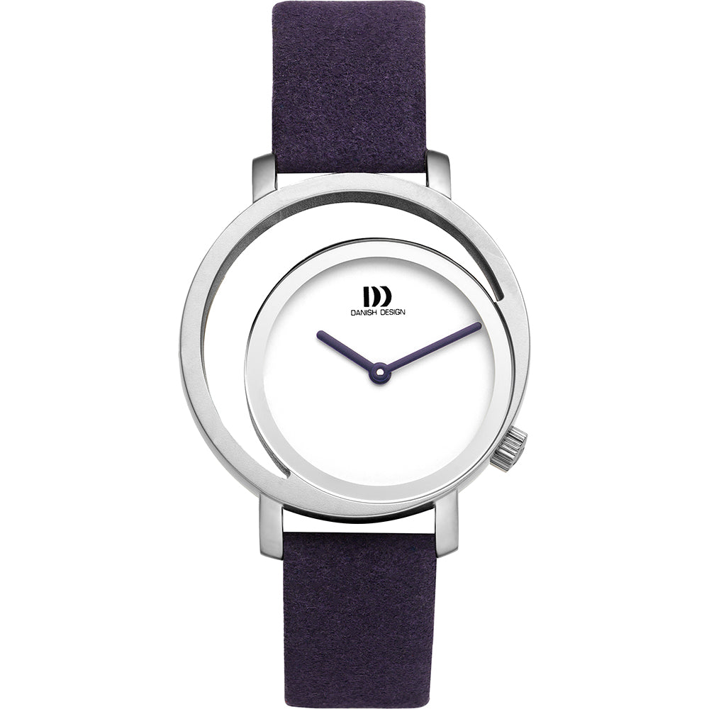 Montre femme au cadran blanc, boîtier argenté et bracelet en cuir violet.