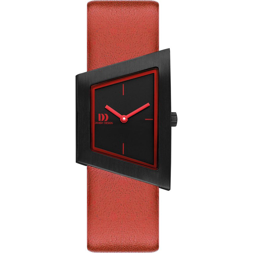 Montre femme au cadran noir, boîtier noir en forme géométrique et bracelet en cuir rouge.