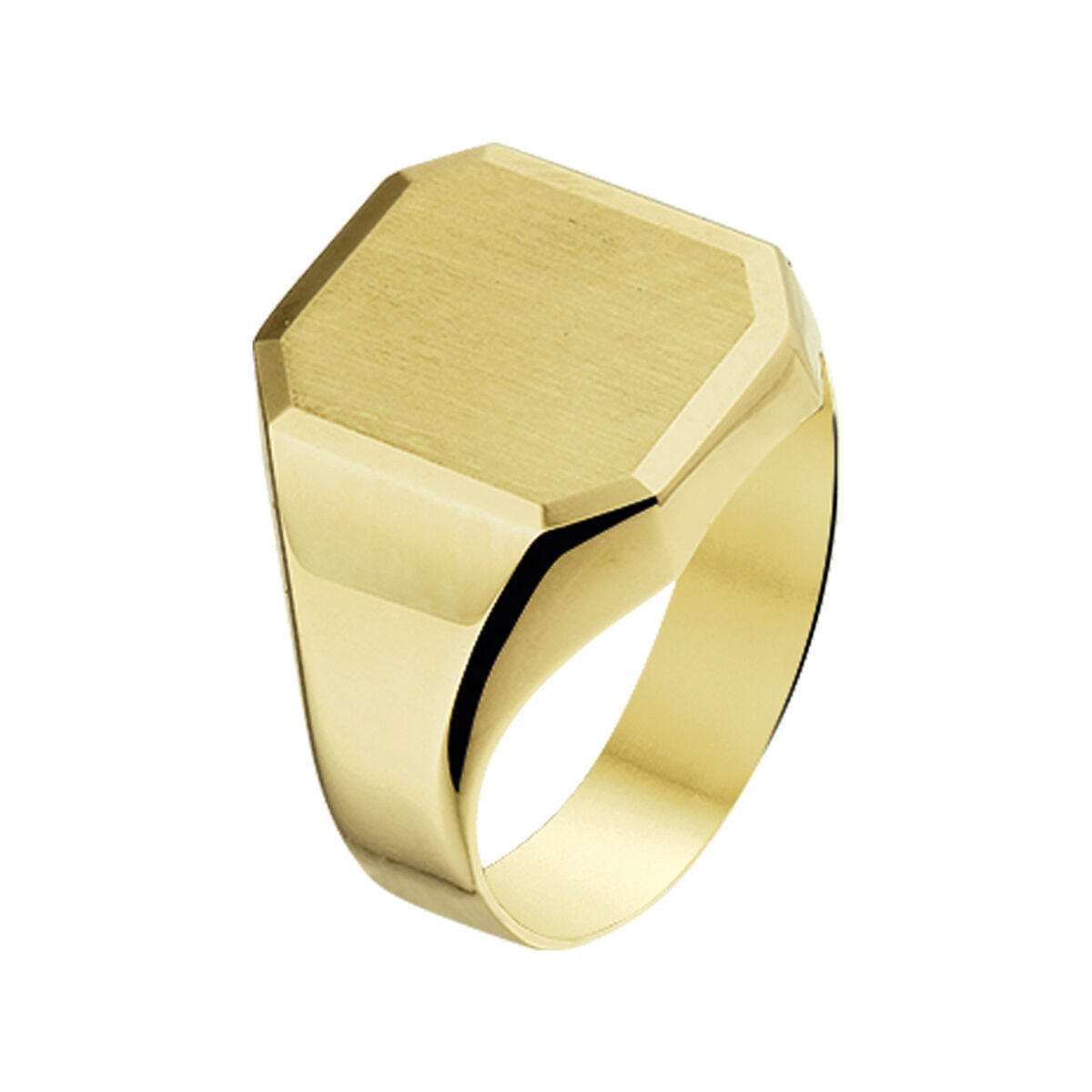 Bague en or jaune 14K, finition mate et diamantée, forme hexagonale.
