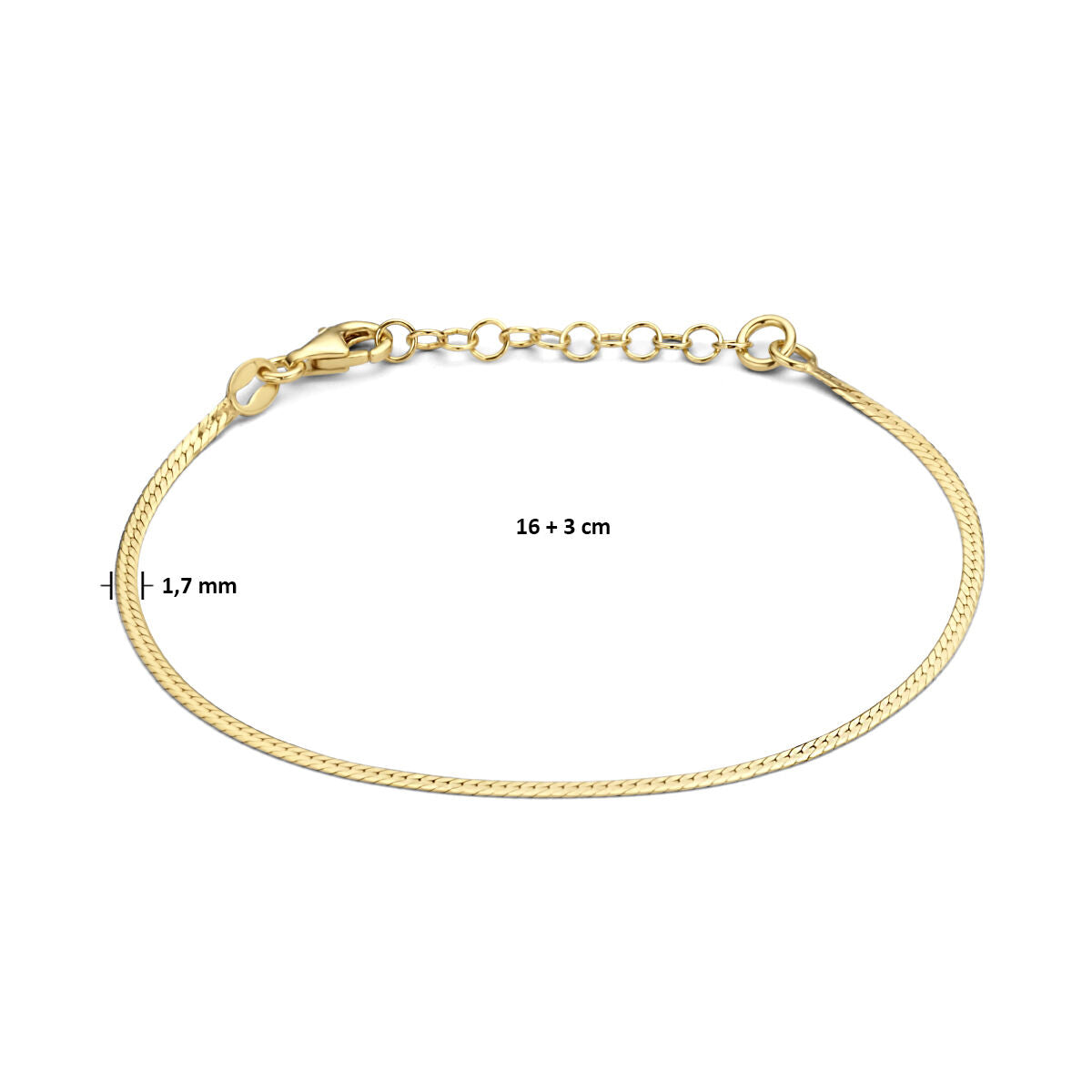 bracelet plat 1,7 mm 16 + 3 cm 3 microns argent plaqué or (jaune)