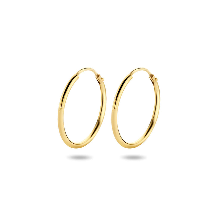 Een paar Van der Kooij Collectie oorbellen 1,5 mm ronde buis 14K geelgoud met scharniersluiting zijn afgebeeld op een witte achtergrond, zachte schaduwen onder elke oorbel.