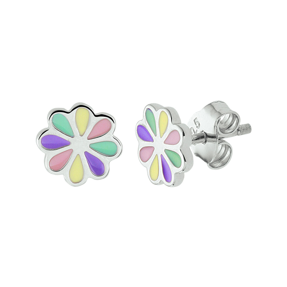De Van der Kooij Collectie oorknoppen bloem zilver gerhodineerd hebben pastelroze, gele, groene en paarse bloemblaadjes in een bloemvorm met vlinderrug - perfect glanzende unisex kinder oorbellen.
