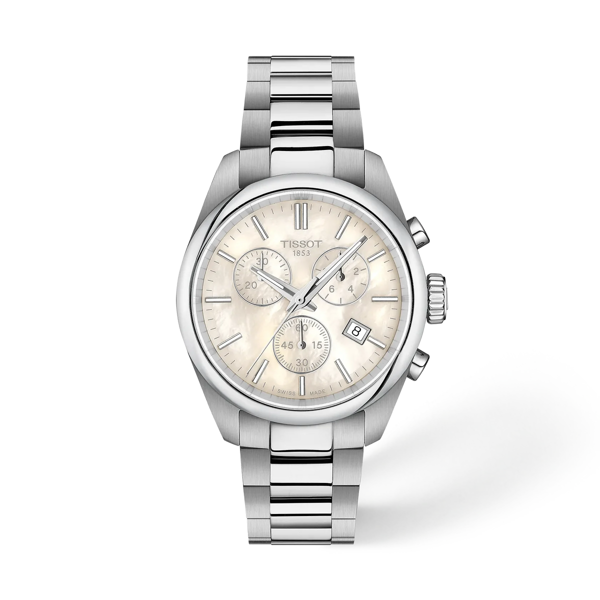 Montre Tissot PR 100 de 36 mm avec boîtier en acier inoxydable et cadran argenté.