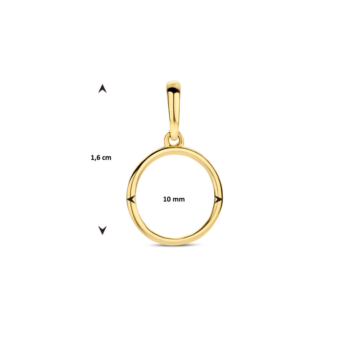 De hanger rondje 14K geelgoud uit de Van der Kooij Collectie is een ronde, gladde dameshanger van 1,6 cm hoog en 10 mm doorsnee, afgebeeld op een witte achtergrond.