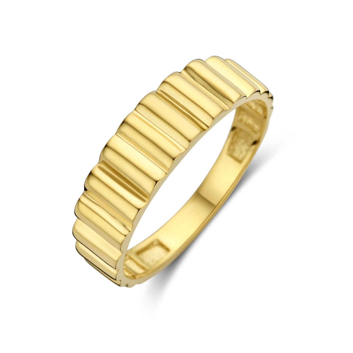 bague en or jaune 14K avec un design strié et une finition brillante