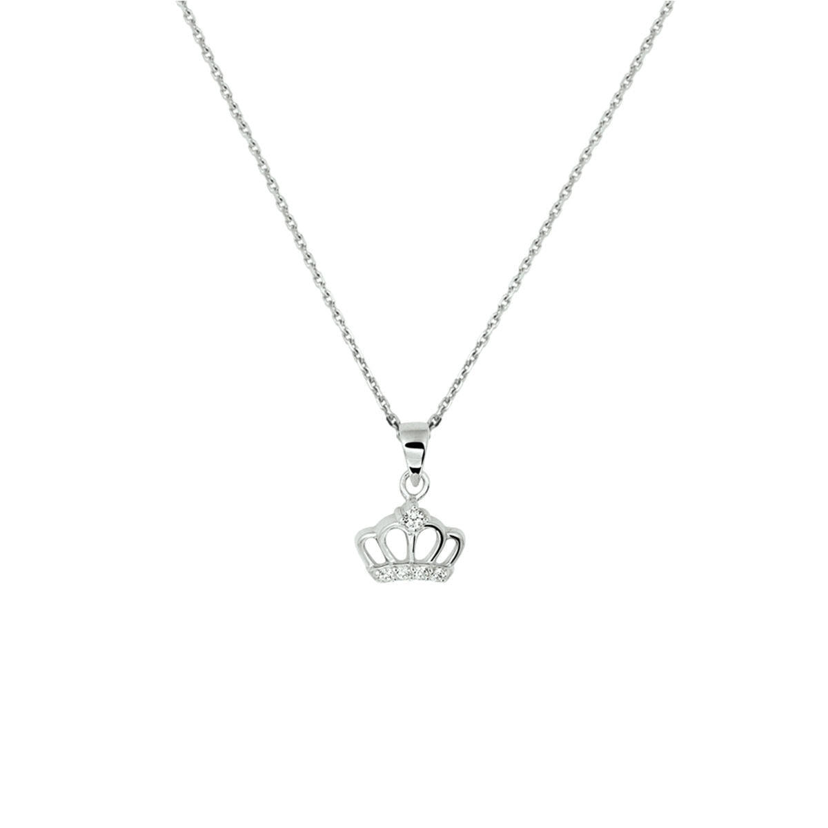 Collier en argent rhodié avec pendentif en forme de couronne orné de zirconiums.