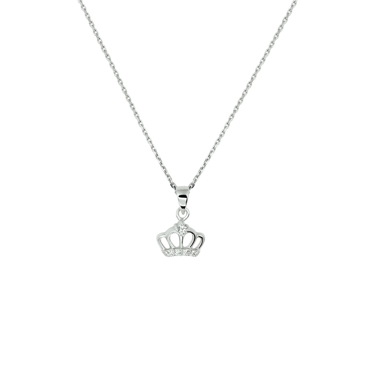 Collier en argent rhodié avec pendentif en forme de couronne orné de zirconia.