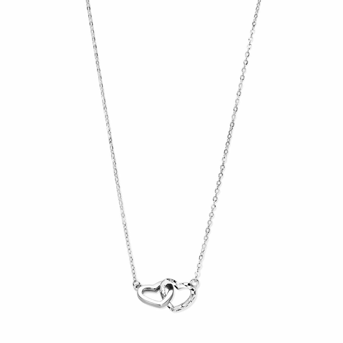 Collier en argent rhodié avec deux cœurs entrelacés et finition diamantée, longueur 41 + 4 cm.