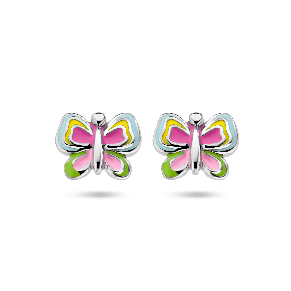 Boucles d'oreilles en argent rhodié en forme de papillon avec des couleurs vives.