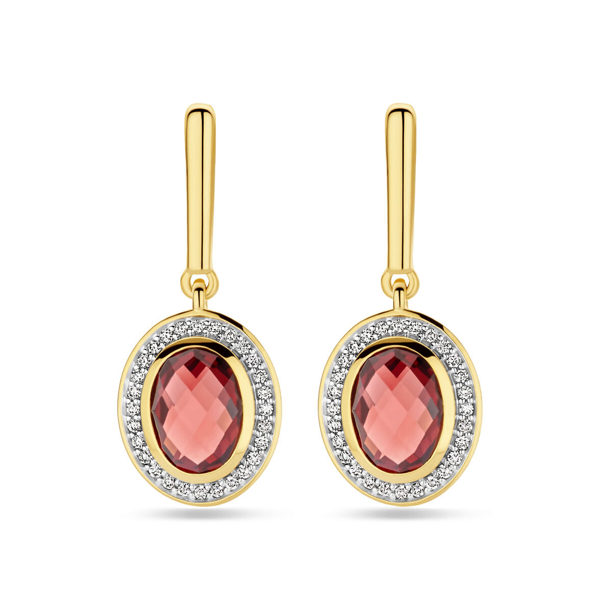 Boucles d'oreilles en or jaune 14K avec pierres de grenat ovales et diamants.