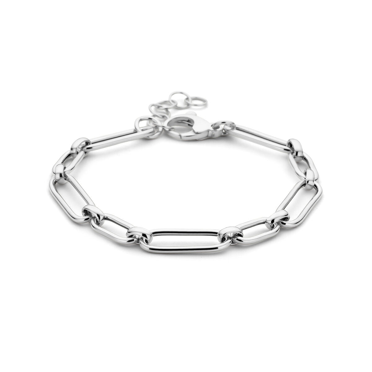 Bracelet argenté rhodié avec maillons ovales et fermoir.