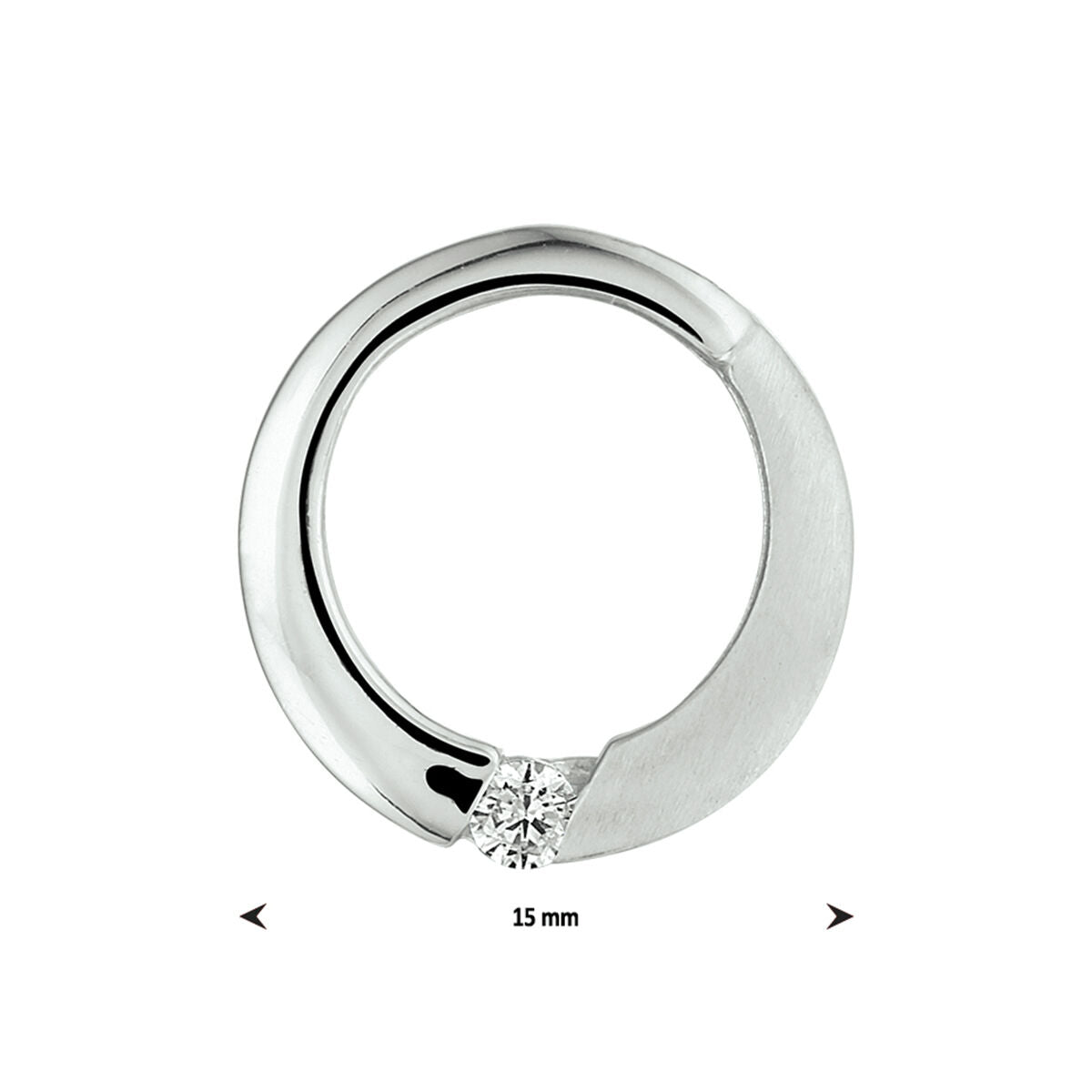Een moderne, gerhodineerd zilveren hanger van Van der Kooij Collectie met een rond ontwerp, voorzien van een gepolijste en matte afwerking en een enkele zirkonia steen. Product: hanger rond zirkonia poli/mat zilver gerhodineerd.