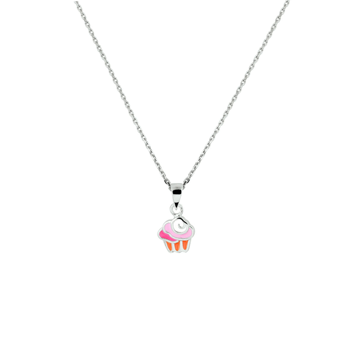 Collier en argent rhodié avec pendentif en forme de cupcake coloré.