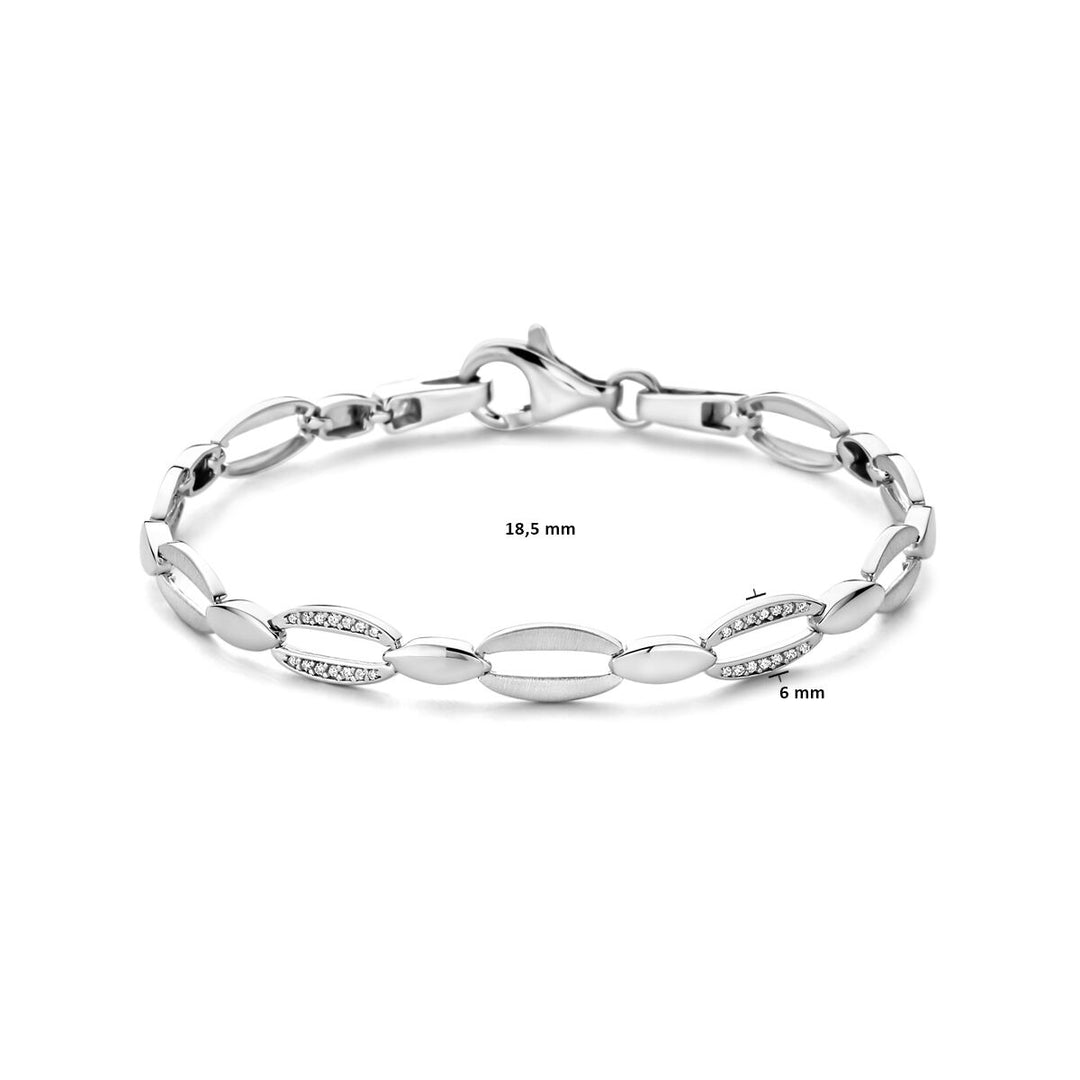 De Van der Kooij Collectie zilveren armband dames zirkonia poli/mat gerhodineerd heeft afwisselend ovale en rechthoekige schakels met zirkonia, 18,5 mm tussen de schakels, 6 mm breed, en een stevige karabijnsluiting-ideaal als armband bruid.