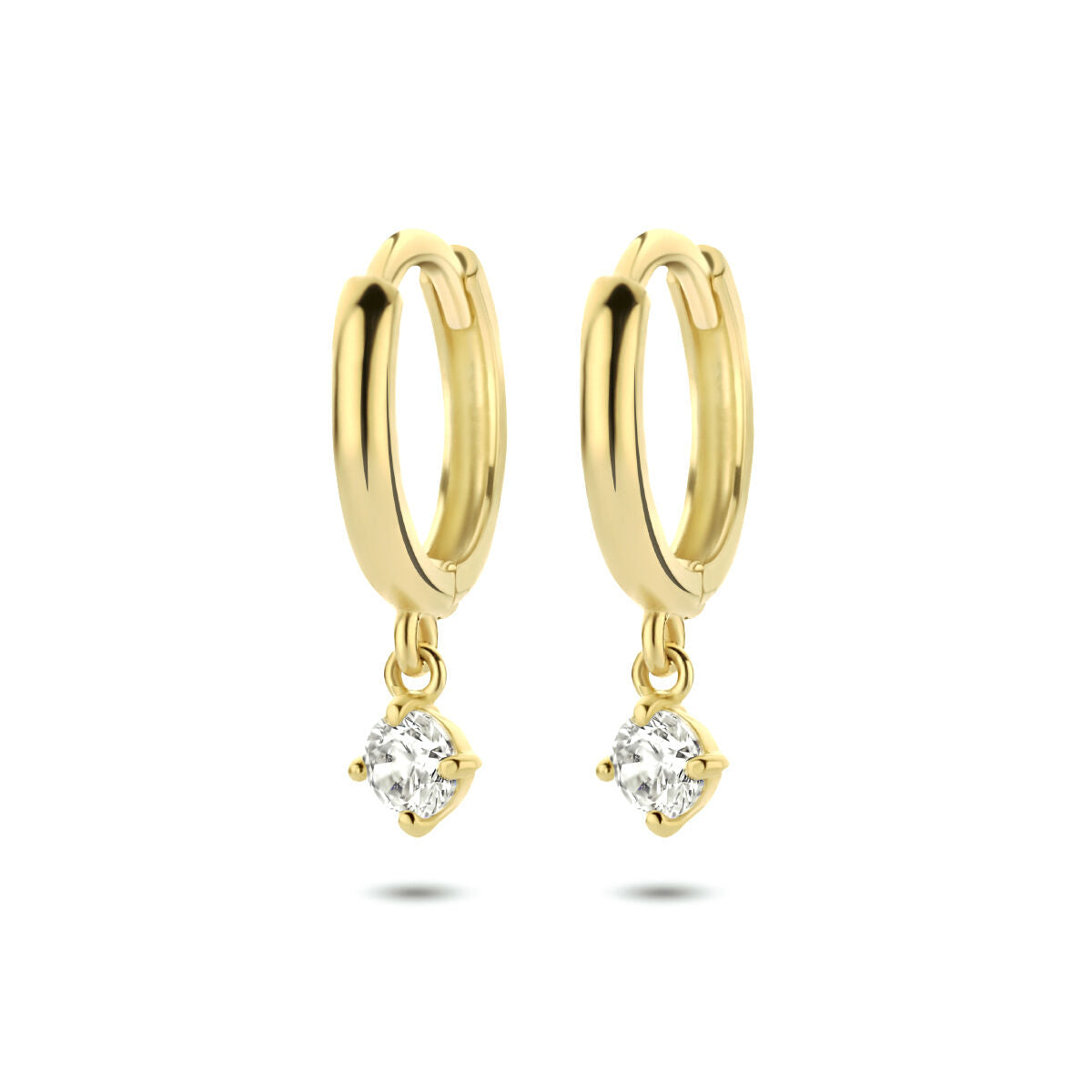 Boucles d'oreilles en or jaune 14K avec zirconia, forme ronde et pendentif brillant.