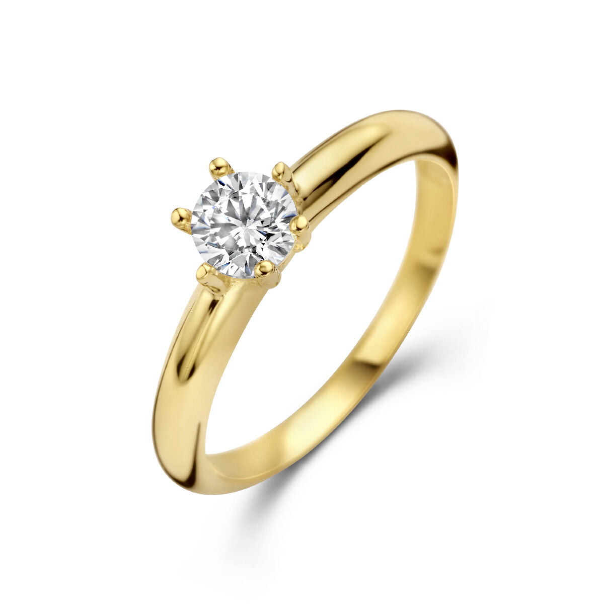 Ring van 14K geelgoud met een ronde zirkonia in een vier-punts zetting.