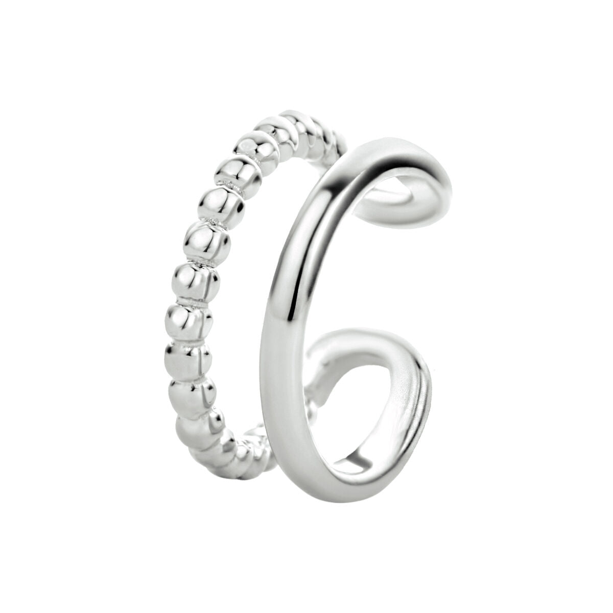 Ear cuff en argent rhodié avec une finition lisse et une texture perlée.