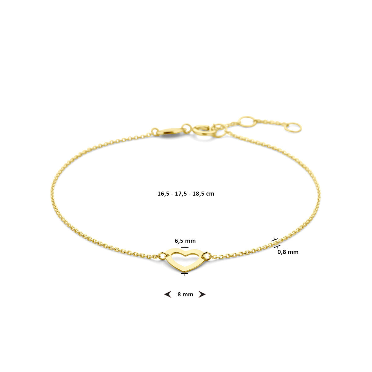 bracelet cœur 16,5 - 17,5 - 18,5 cm or jaune 14K