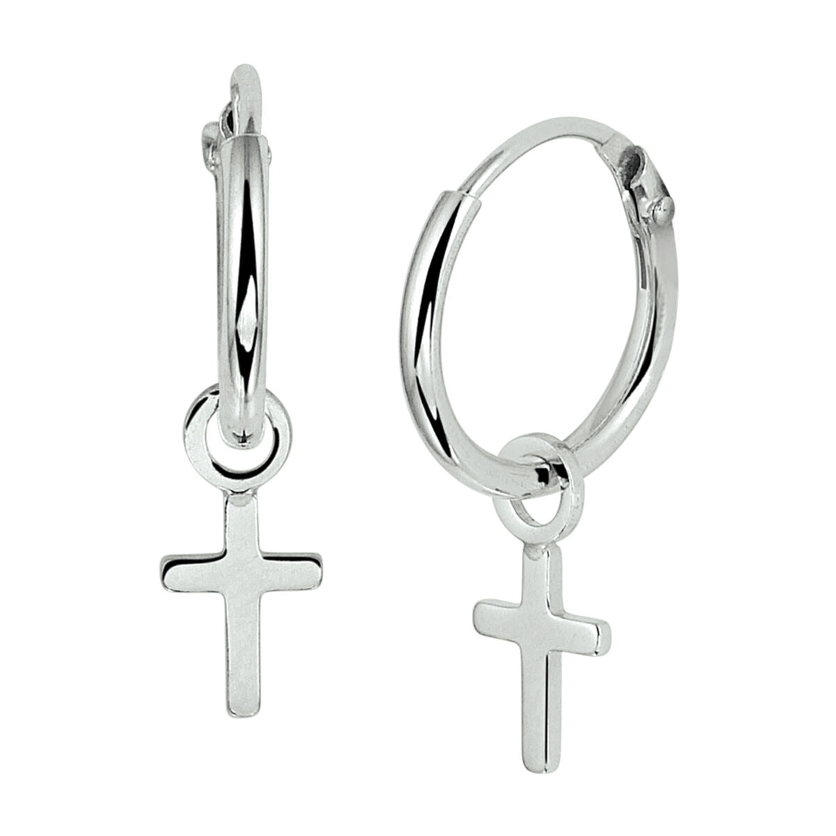 Boucles d'oreilles en argent rhodié avec croix pendante.